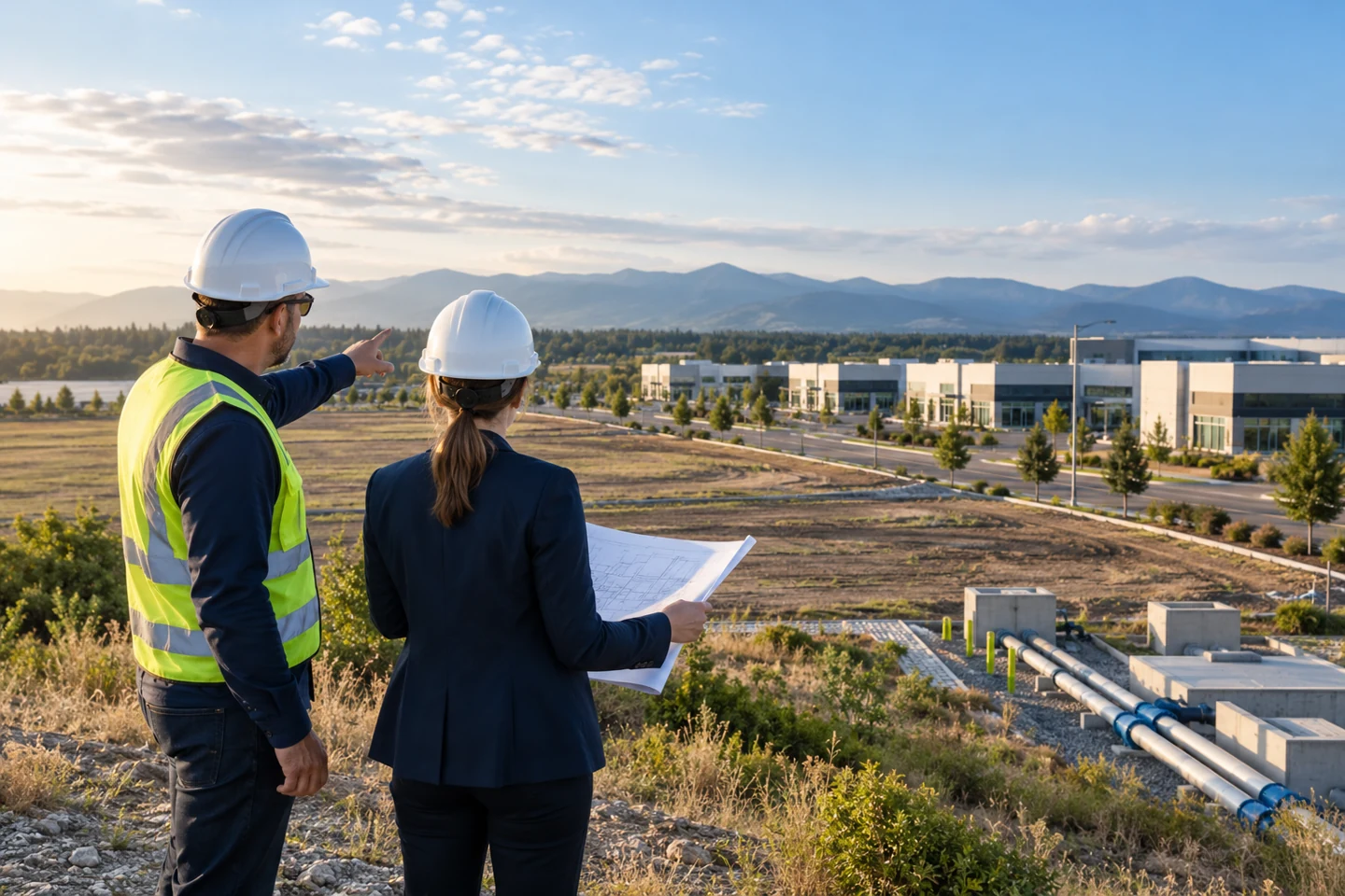 property owner and engineer assessing commercial parcel beside business park with utility access; illustrative development concept