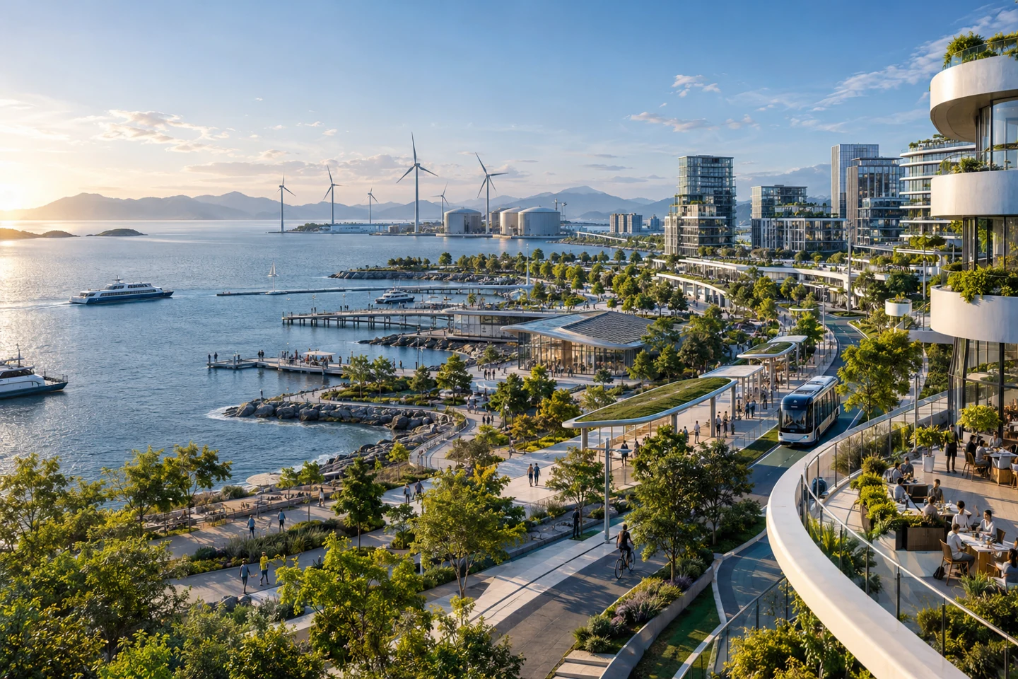 credible future coastal district masterplan integrating renewable power, public mobility, water infrastructure and community spaces; illustrative development concept