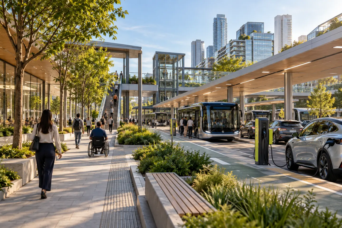 city mobility interchange with passenger cars, transit shuttle, integrated charging and accessible pedestrian corridor; illustrative development concept