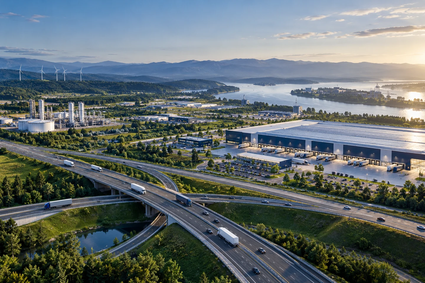 regional energy corridor landscape, highway interchange, logistics facility and distributed development sites; no map labels; illustrative development concept